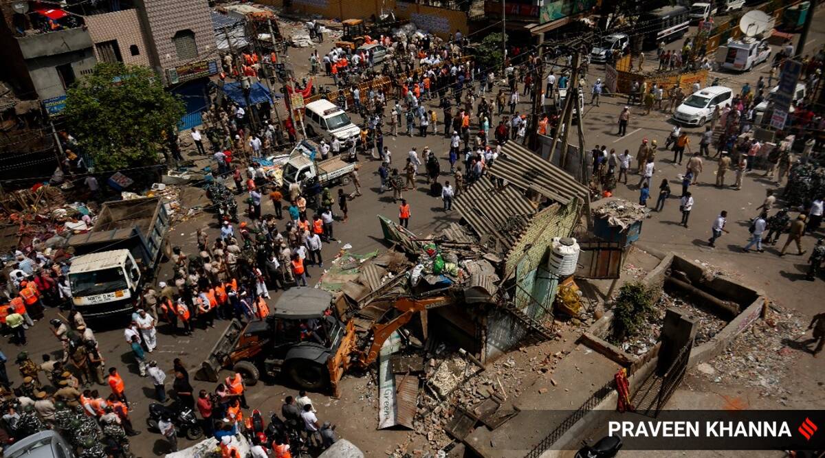 A view of the anti-encroachment drive in Jahangirpuri, New Delhi. (Express Photo by Praveen Khanna)