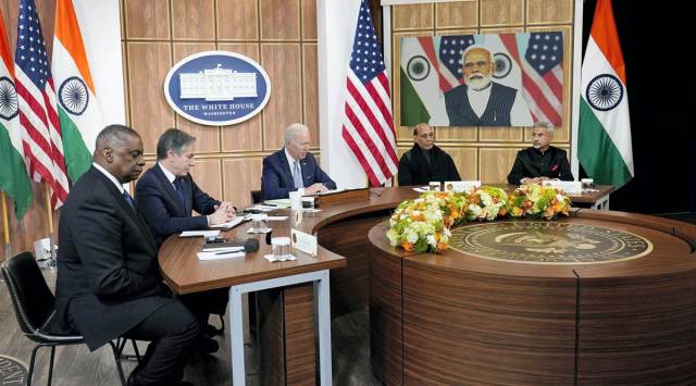 PM Narendra Modi and US President Joe Biden meet virtually on Monday. External Affairs Minister S Jaishankar, Defence Minister Rajnath Singh, US Secy of State Antony Blinken and  Secy of Defense Lloyd Austin are also seen. (AP)