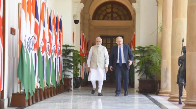 UK PM Boris Johnson with his Indian counterpart Narendra Modi on Friday. (Photo: Twitter@narendramodi)
