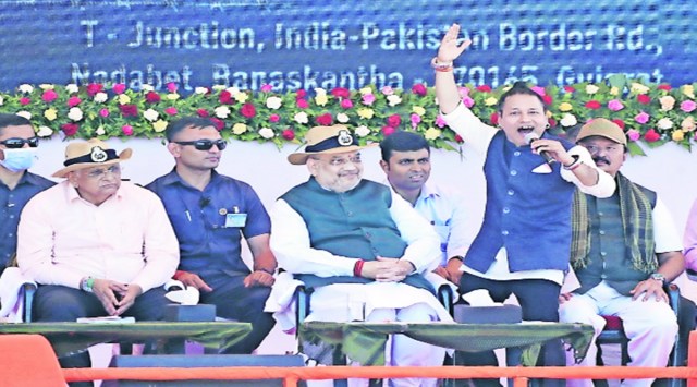 Union Home Minister Amit Shah and Gujarat CM Bhupendra Patel at the inaugural event of Seema Darshan Project Sunday; (below) BSF jawans at Nadabet, Banaskantha. Nirmal Harindran