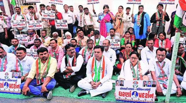Congress members stage a protest in Vadodara on Monday against MLA Jignesh Mevani’s arrest.  Bhupendra Rana