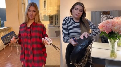 Russian women cut up Chanel bags in protest against the luxury brand's ban  on sales