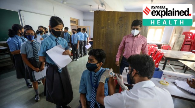 Covid-19 vaccination drive for age group 12-14 years at Apeejay school at Nerul, Mumbai. (Express photo by Narendra Vaskar)