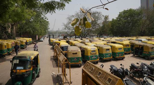Autos parked at Ramlila ground as drivers went on strike on Monday. (Express photo by Abhinav Saha)