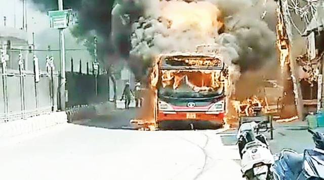 A DTC bus on fire in Southwest Delhi's Mahipalpur area. (File Photo)