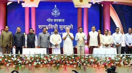 Prime Minister Narendra Modi with newly sworn-in Goa Chief Minister Pramod Sawant and other ministers, at the swearing-in ceremony in Panaji, Monday, March 28, 2022. (PTI)