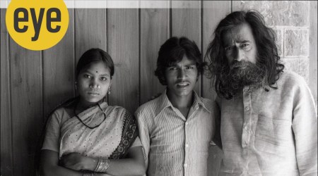 Portrait of Jagdish Swaminathan with Mr and Mrs Jangarh Singh Shyam (Credit: Jyoti Bhatt, courtesy Jyoti Bhatt Archive, Asia Art Archive)

