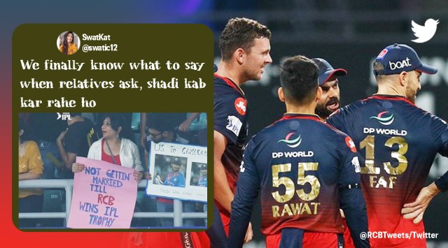 rcb vs csk, ipl 2022, woman no marriage rcb trophy win, funny ipl 2022 banners, viral news, rcb ipl trophy jokes, sports news, indian express