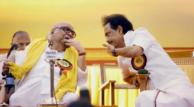 Tamil Nadu Chief Minister M K Stalin with former CM and late DMK president M Karunanidhi (PTI, file)