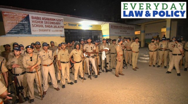 Heavy police force deployment at Dada Jalalpur a day before a Dharma Sansad by the seers, in Haridwar district, Tuesday, April 26, 2022. (PTI Photo) 
