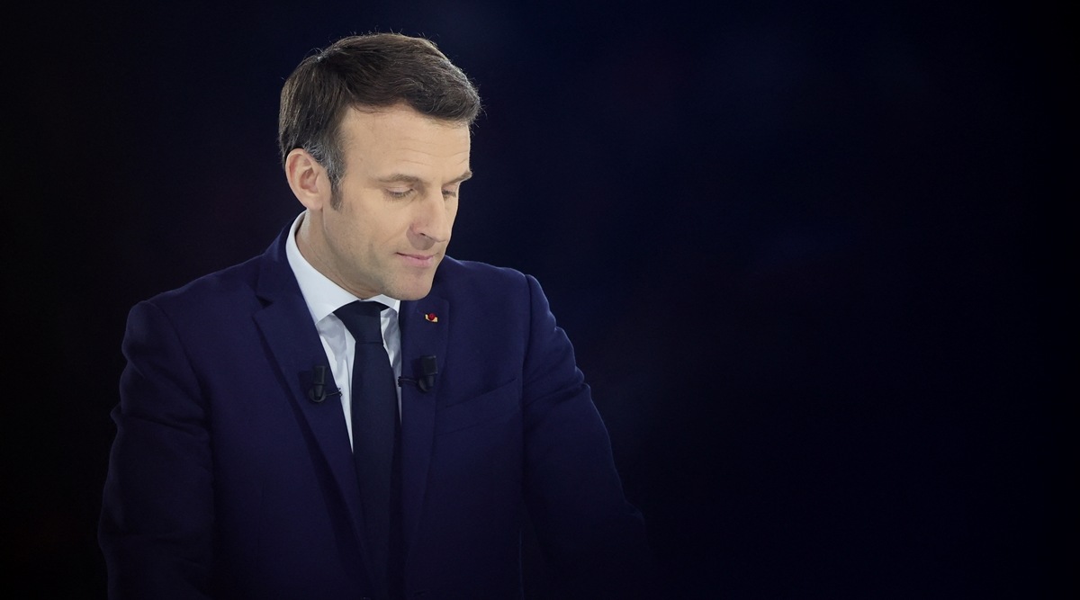 French President Emmanuel Macron, candidate for his re-election in the 2022 French presidential election, attends a political campaign rally at Paris La Defense Arena in Nanterre, France, April 2, 2022. (Reuters)