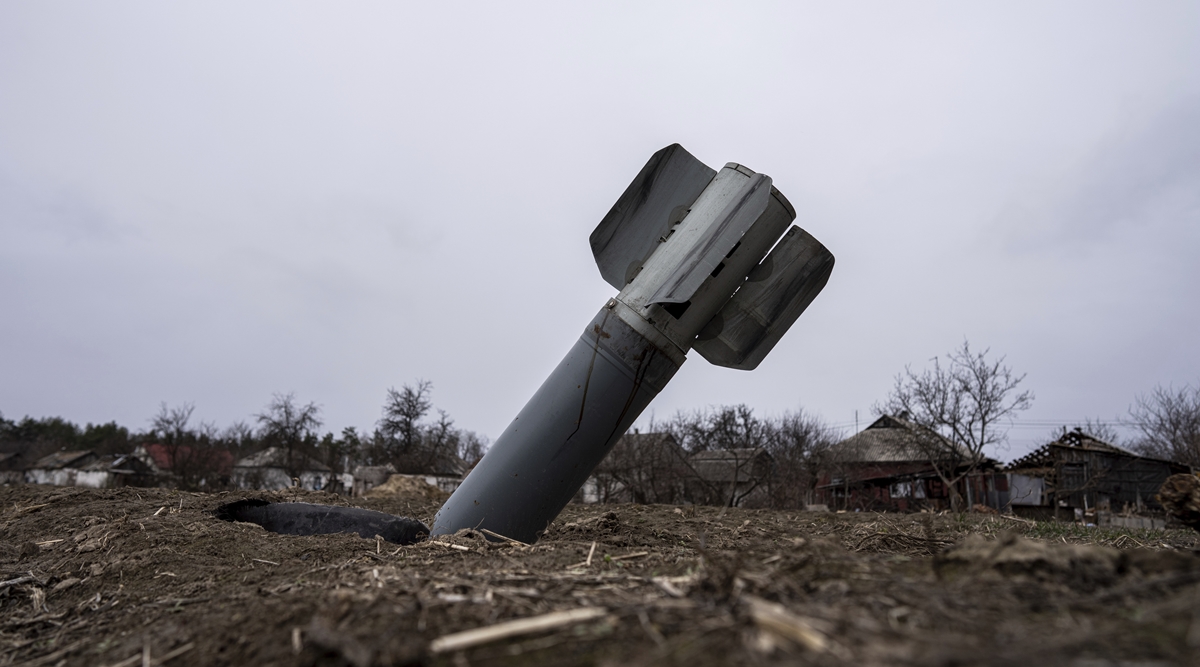 
The tail of a missile sticks out in a residential area in Yahidne, near of Chernihiv, Ukraine, April 12, 2022. (AP)