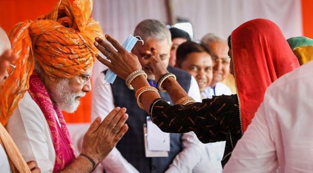 Prime Minister Narendra Modi during the foundation stone laying and inauguration of multiple development projects, at Banas Dairy Sankul, Diyodar, in Banaskantha district of Gujarat, Tuesday, April 19, 2022. (PTI)