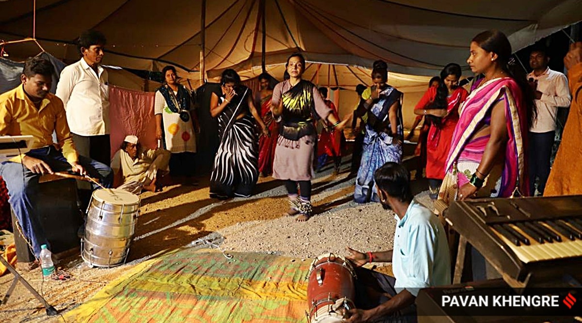Members of a tamasha troupe practise ahead of their performance. (Express Photo by Pavan Khengre)