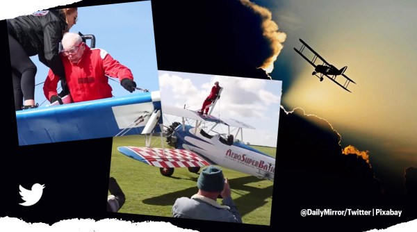 oldest wing walker, uk man oldest wing walker, man flies strapped atop a plane, viral video, odd news, indian express