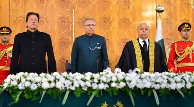File photo of Pakistan Prime Minister Imran Khan at the ceremony in which Justice Gulzar Ahmed took  oath as 27th Chief Justice of Pakistan. (Twitter/PTIOfficial)