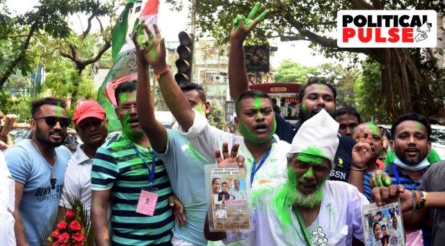 Trinamool Congress (TMC) supporters celebrate the party's victory in the Ballygunge Assembly by-elections, in Kolkata on Saturday. (ANI)