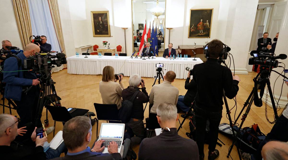 Austrian Chancellor Karl Nehammer speaks during a news conference after talks with Russian President Vladimir Putin in Moscow, Russia April 11, 2022. (Photo: REUTERS)