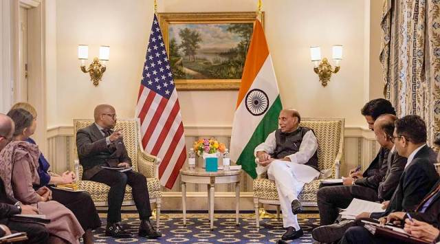 Washington: Defence Minister Rajnath Singh during a meeting with US aerospace and defence majors. (PTI Photo)