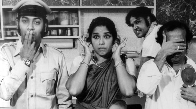 Actor Paintal, Shobha Khote and Viju Khote on the set of film Mazaaq. (Photo: Express Archive)
