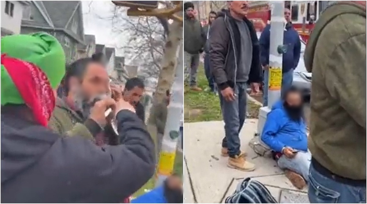 Screengrabs from videos of the attack on Sikh men in New York shared on social media. (Twitter/@mssirsa)