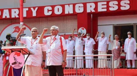 CPI(M) leaders S Ramachandran Pillai and Sitaram Yechury during the flag hoisting ceremony of the 23rd party congress, at EK Nayanar Academy in Kannur (PTI, file)