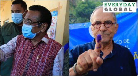 Incumbent President Francisco "Lu Olo" Guterres (left) at a polling station during the election in Dili, East Timor on March 19, 2022; and presidential candidate who is also former President Jose Ramos-Horta. (AP Photo/Lorenio Do Rosario Pereira, File)
