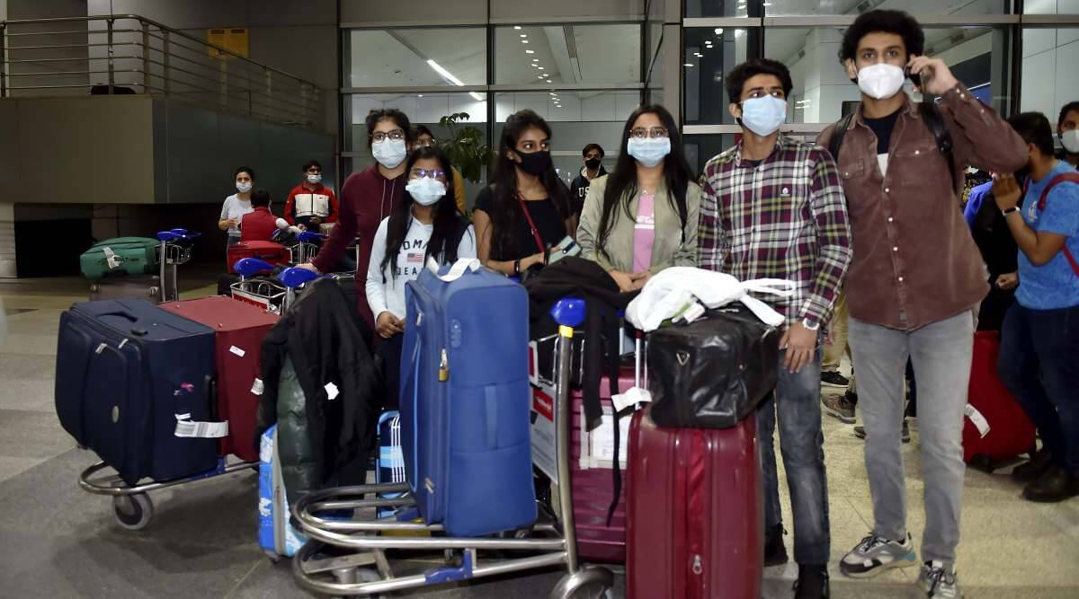 Indian nationals upon their arrival at the IGI Airport by an Air India flight from Ukraine amid rising Russia-Ukraine tension, in New Delhi. (PTI Photo)