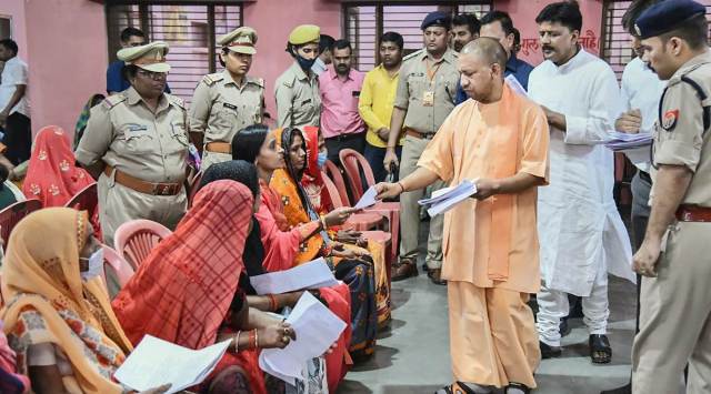UP CM Yogi Adityanath during ‘Janta Darshan’ programme in Gorakhpur on Sunday. (PTI)
