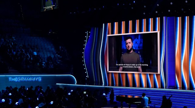 President of Ukraine, Volodymyr Zelenskyy, speaks on screen at the 64th Annual Grammy Awards. (AP)