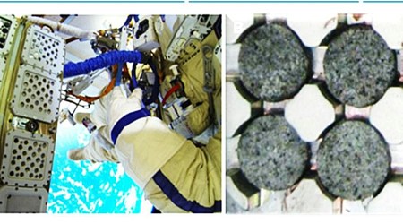 International Space Station EXPOSE-2 platform to simulated Mars like conditions where experiment was carried out B- KMC biofilm during experiment at International Space Station