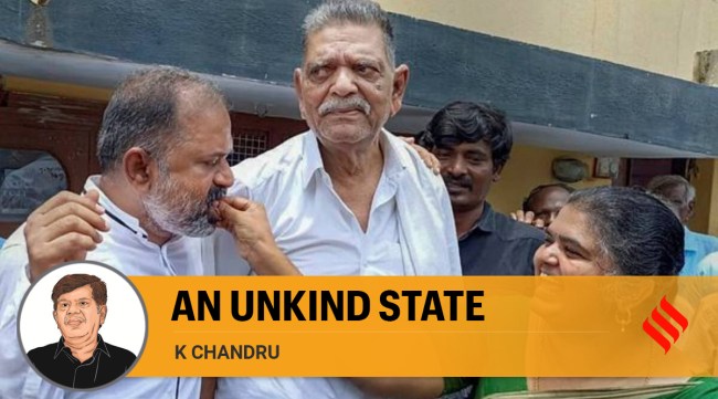A G Perarivalan, convict in Rajiv Gandhi assassination case, with his father and sister after Supreme Court released him using special powers, at his house in Jolarpet, Tirupattur district, Wednesday. (PTI)