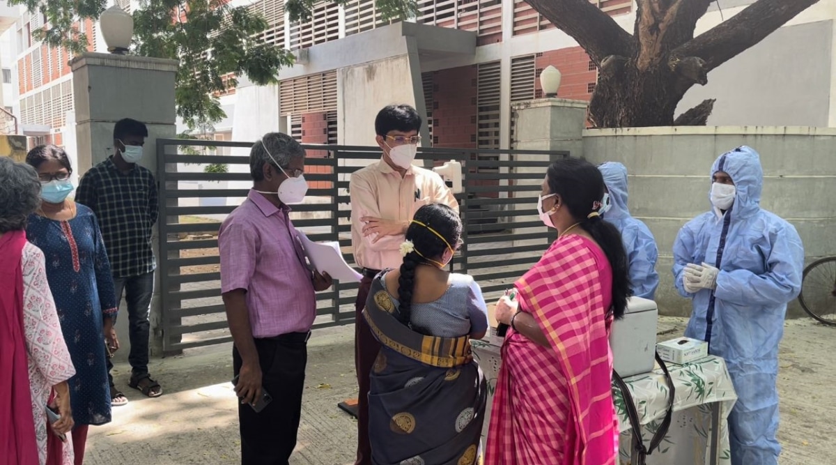 Health Secretary J Radhakrishnan and other senior health department officials visited the campus on Tuesday and monitored the measures that have been taken to prevent further spread of the virus. (Express Photo)