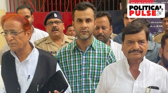 Samajwadi party leader Azam Khan coming out from Sitapur jail. Pragatisheel Samaj Party chief Shivpal Singh Yadav also seen in picture. (Express photo) 