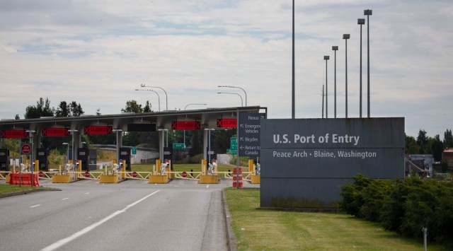The US border station in Blaine, Wash., south of Vancouver, on July 16, 2020. Entering the United States by air requires a negative coronavirus test. Some people who can’t provide one are using a workaround: flying to Canada or Mexico, then entering via a land border. (Ruth Fremson/The New York Times)