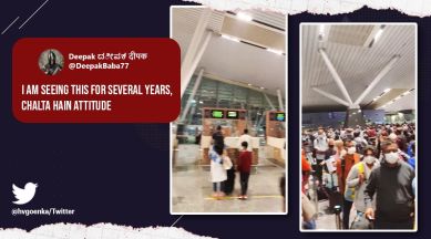 Kempegowda International Airport, long queue at Bangalore airport, crowd at Bangalore airport, Harsh Goenka, Ricky Gej, indian express