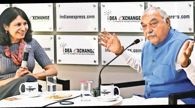 Congress leader Bhupinder Singh Hooda in conversation with Manraj Grewal Sharma at the Idea Exchange.  (Express photo by Renuka Puri)
