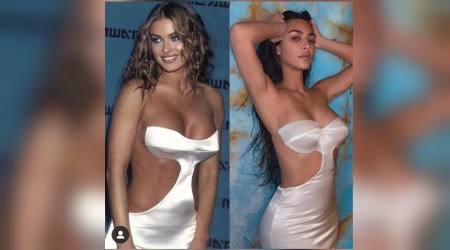 Carmen Electra, Carmen Electra news, Carmen Electra white gown, Carmen Electra and Kim Kardashian, Kim Kardashian wearing Carmen Electra white dress, indian express news