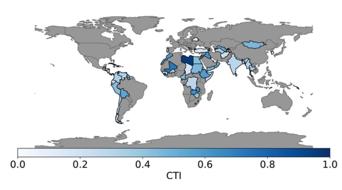 Map showing countries with the most at-risk infrastructure. Worst exposed countries with darker shade of blue. (Image credit: University of California - San Diego)