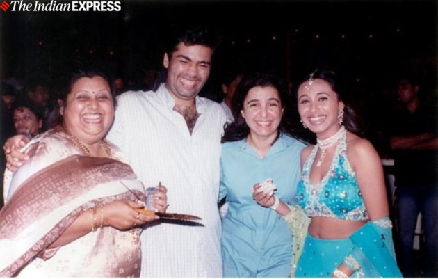 Film director Karan Johar with Rani Mukherjee's mother, Farah Khan and Rani Mukherjee