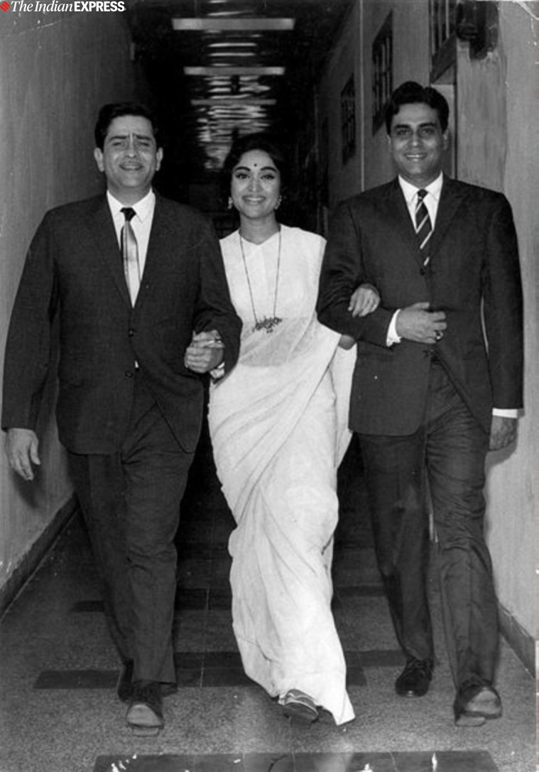 Film star Raj Kapoor, Vyjayanthimala and Rajendra Kumar on the set of film SANGAM. Express archive photo