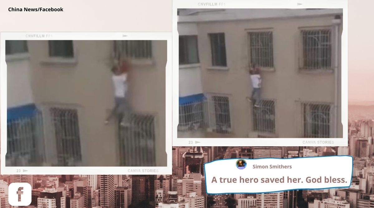 firefighter saves child dangling from sixth floor, kid saved from sixth floor, man saves hanging child, rescue video, China, indian express