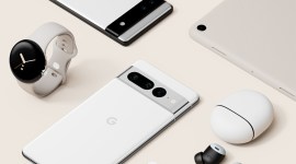 Google Pixel 6a, Pixel 7 Pixel Buds Pro Pixel Watch and Pixel Tablet pictured on a cream-colured background
