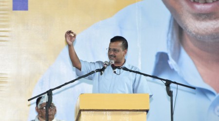 AAP national convener Arvind Kejriwal addresses a public meeting at Shashtri Maidan in Rajkot . (File/Express Photo)
