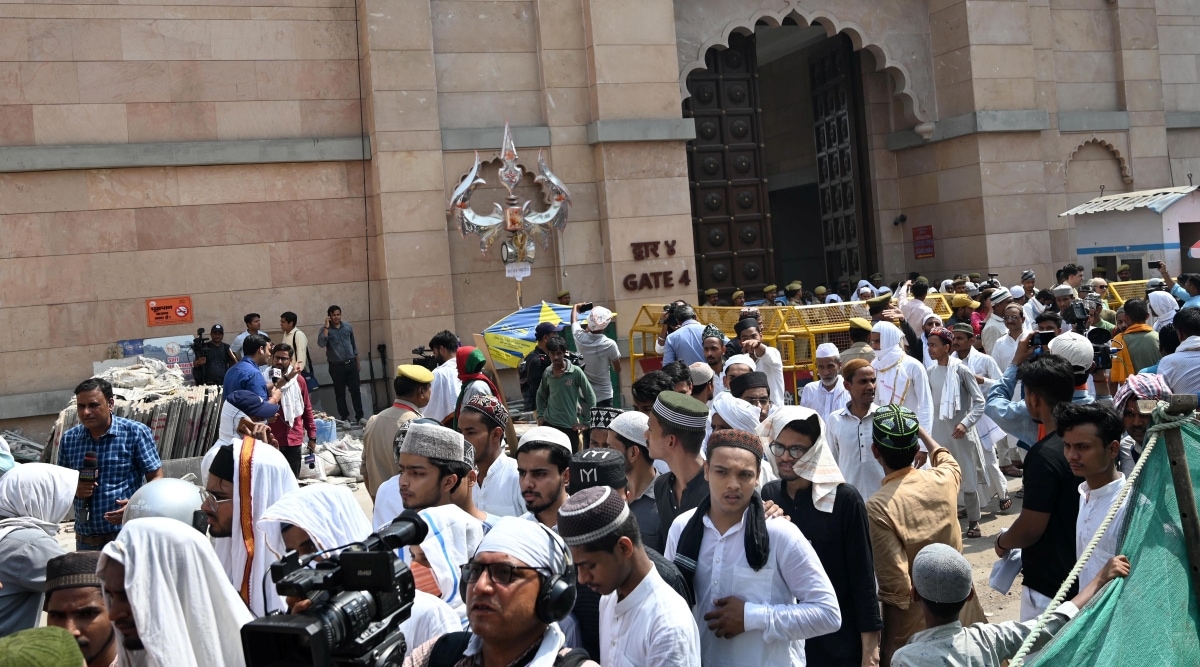Devotees leave after offering Friday prayers at Gyanvapi Masjid in Varanasi. (PTI)