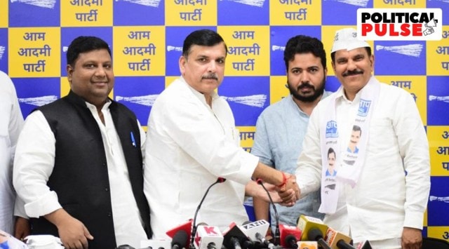 Former J&K minister and three-time Jammu Kashmir National Panthers Party (JKNPP) legislator Harsh Dev Singh (Extreme Right) with party leader Sanjay Singh. (Express photo)