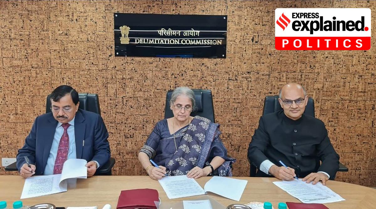 Delimitation Commission for J&K UT, headed by Chairperson Justice (Retd.) Ranjana Prakash Desai, ex-officio members CEC Sushil Chandra (L) and State Election Commissioner, J&K, K K Sharma (R), finalise the Delimitation order. (PTI Photo) 
