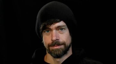 Jack dorsey pictured here against a dark background.