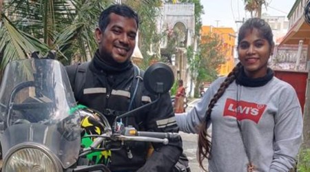 couple, couple travelling, travelling on bikes, motorcycle rides, couple on bike, travelling on motorcycles, Mamallapuram couple, love for travel, sustainable travel, tips for travelling on bike, love for bikes, indian express news