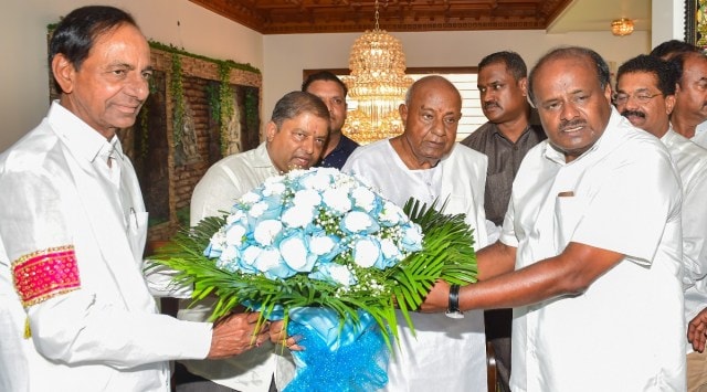 Telangana Chief Minister K Chandrashekhar Rao with former prime minister HD Deve Gowda and former Karnataka chief minister HD Kumaraswamy during a meeting, in Bengaluru, Thursday, May 26, 2022. (PTI Photo/Shailendra Bhojak)(PTI05_26_2022_000113B)
